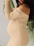 Plataz Apricot Off Shoulder Boat Neck Elegant Long Sleeve Baby Shower Maternity Photoshoot Sweater Dress Maternity