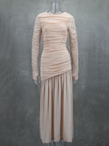 Plataz Sleeves Skinny Pleated See-Through Solid Color Split-Joint Round-Neck Evening Dresses Maxi HZ1007