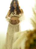 Plataz Two Piece Boho Flower Printing Off Shoulder Chiffon Crop Bandeau Photoshoot Maternity Maxi Dress Maternity