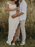 Plataz Off Shoulder Irregular Side Slit Bodycon Fashion Photoshoot Baby Shower Maternity Maxi Dress Maternity