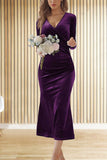 Plataz V-neck pleated hip skirt elegant fishtail slim dress evening HZ1007