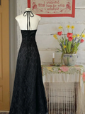 Vintage Black Halter-neck Lace Evening Gown A-Line Party Dress Long Formal Dress HZ1024