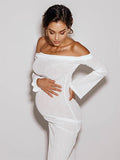 Plataz White Off Shoulder Backless Sheer Elegant Fashion Photoshoot Maternity Maxi Dress Maternity