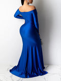 Plataz Blue Off Shoulder Long Sleeve High Split Bodycon Solid Baby Shower Party Gown Maternity Maxi Dress Maternity