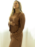 Plataz Brown Pleated Ruffle Belted Elegant Photoshoot Baby Shower Maternity Maxi Dress Maternity