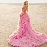 Plataz Pink Petal Ruffle Prom Party Dresses Long Strapless Bridal Photography Dress Beach Boho Maternity Photo Shoot HZ1007