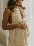 Plataz Solid Color Cut Out V-Neck Side Slit Backless Tassel Halter Neck Vacation Photoshoot Maternity Maxi Dress Maternity