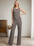 Plataz Jumpsuit/Pantsuit Scoop Floor-Length Chiffon Lace Mother of the Bride Dress With Beading HZ1007