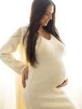 Plataz White Knitting V-Neck Bodycon Two Pieces Cardigan Elegant Baby Shower Maternity Maxi Sweater Dress Maternity