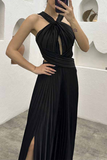 Plataz Solid Fold Halter Evening Dress HZ1007