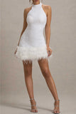 Plataz Party Sequins Zipper Feather Hemline Halter Evening HZ1007