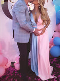 Plataz Pink&Blue Lace Backless Side Slit Gender Reveal Cute Maternity Maxi Dress Maternity