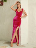 Plataz Dress Women Elegant Sexy High Split Rose Red Velvet the Dinner Party HZ1007