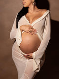 Plataz White Ruffle Cut Out Crop Irregular Split Sheer Vacation Dress Bodycon Photoshoot Maternity Maxi Dress Maternity