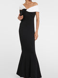 Plataz Sleeves Skinny Contrast Color Split-Joint One-Shoulder Evening Dresses Maxi HZ1007