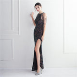 Plataz Industry Micro Glass Bead Craft Beaded Cocktail Evening Dress Elegant Long Halter Split HZ1007