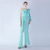 Plataz Ostrich Feather Ruffled Side Slit High End Sequined Evening HZ1007