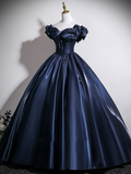 Gorgeous Navy Blue Satin Off-the-shoulder Sweet 16 Quinceanera A-Line Ruffled Evening Dress Ball Gown HZ1024