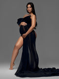 Plataz Bow Sheer Side Slit Off Shoulder Backless Photoshoot Maternity Maxi Dress Maternity