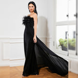 Plataz Long Sequined Sleeveless Feather Wrapped Chest Backless Cocktail Evening Dress Bridesmaid Bodycon Maxi Dress HZ1007