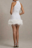 Plataz Party Sequins Zipper Feather Hemline Halter Evening HZ1007
