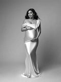 Plataz White One Off Shoulder Silk Satin Backless Mermaid Photoshoot Evening Gown Baby Shower Maternity Maxi Dress Maternity