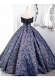 Vintage Floral Satin Sweet 16 Quinceanera Bow Off-the-shoulder Evening Dress Long Ball Gown HZ1024