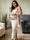 Plataz Beige Tube Twist Bow Back Slit Bodycon Crochet Fashion Baby Shower Maternity Maxi Sweater Dress Maternity