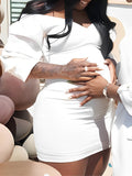 Plataz White Off Shoulder Backless V-Neck Lantern Sleeve Bodycon Party Cute Baby Shower Maternity Mini Dress Maternity