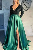 Plataz Long Sleeves V-Neck Sequins Satin Prom HZ1007