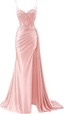 Vintage Sheath Applique Sweetheart Satin Evening Gown Spaghetti Strap Party Dress Slit Long Formal Dress HZ1024
