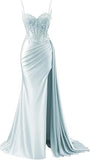 Plataz Mermaid Spaghetti Straps Sage Green Long Satin Prom Dresses Formal Evening Dress SD2416 HZ0628