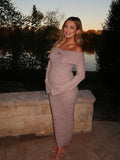 Plataz Off Shoulder Fluffy Knit Bardot Neckline Flare Sleeve Bodycon Elegant Going Out Party Maternity Photoshoot Baby Shower Maxi Sweater Dress Maternity