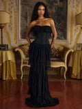 Plataz Black Strapless Ruffle Gown ¨C Sheer Waist-Cinching Evening Dress for Gala & HZ1007