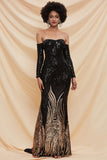 Plataz Sequin Slit Long Sleeve Off Shoulder Maxi Evening Dress - HZ1007