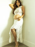 Plataz White Lace Cut Out Crop Hollow Irregular 2-in-1 Babyshower Maternity Maxi Dress Maternity