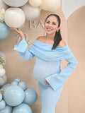Plataz Blue Knit Ruched Off Shoulder Flare Sleeve Bodycon Elegant Cocktail Party Gown Maternity Photoshoot Baby Shower Maxi Dress Maternity