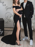 Plataz Black Off Shoulder Side Slit Bodycon Baby Shower Photoshoot Gown Maternity Maxi Dress Maternity