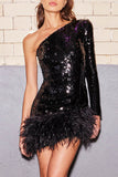 Plataz Party Solid Sequins Feathers Asymmetrical Oblique Collar Evening Dress HZ1007