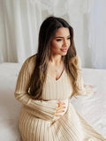 Plataz Knit Pleated Big Swing V-neck Plus Size Sweater Elegant Going Out Maternity Photoshoot Baby Shower Maxi Dress Maternity