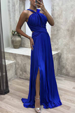 Plataz Solid Fold Halter Evening Dress HZ1007