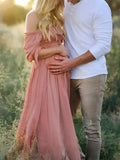 Plataz Pink Boho Flowy Bump Friendly Off Shoulder Photoshoots Maxi Dress Maternity
