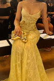 Vintage Light Yellow Lace Sequin Evening Gown Sheath Spaghetti Strap Party Dress Long Formal Dress HZ1024