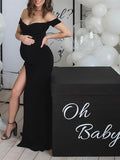 Plataz Black Off Shoulder Side Slit Bodycon Baby Shower Photoshoot Gown Maternity Maxi Dress Maternity