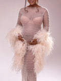 Plataz Mesh Solid Color Beading Pearl Rhinestone Long Sleeve Cover-ups Side Slit Photoshoot Maternity Maxi Dress Maternity