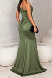 Plataz Prom Solid Color Slit Ruched Sloping Shoulder Evening HZ1007
