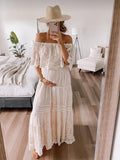 Plataz White Off Shoulder Lace Tiered Boat Neck Flowy Elegant Maternity Photoshoot Dress Maternity