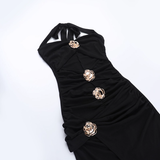 Elegant Black Halter-neck Rose Metal Button Prom Dress Sheath Evening Gown Party Dress Trailing Long Formal Dress HZ1024