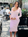Plataz Pink Knit Falbala Ruffle Hem Single Breasted Flare Sleeve Bodycon Elegant Hoing Out Maternity Babyshower Maxi Sweater Dress Maternity