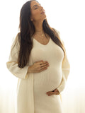 Plataz White Knitting V-Neck Bodycon Two Pieces Cardigan Elegant Baby Shower Maternity Maxi Sweater Dress Maternity